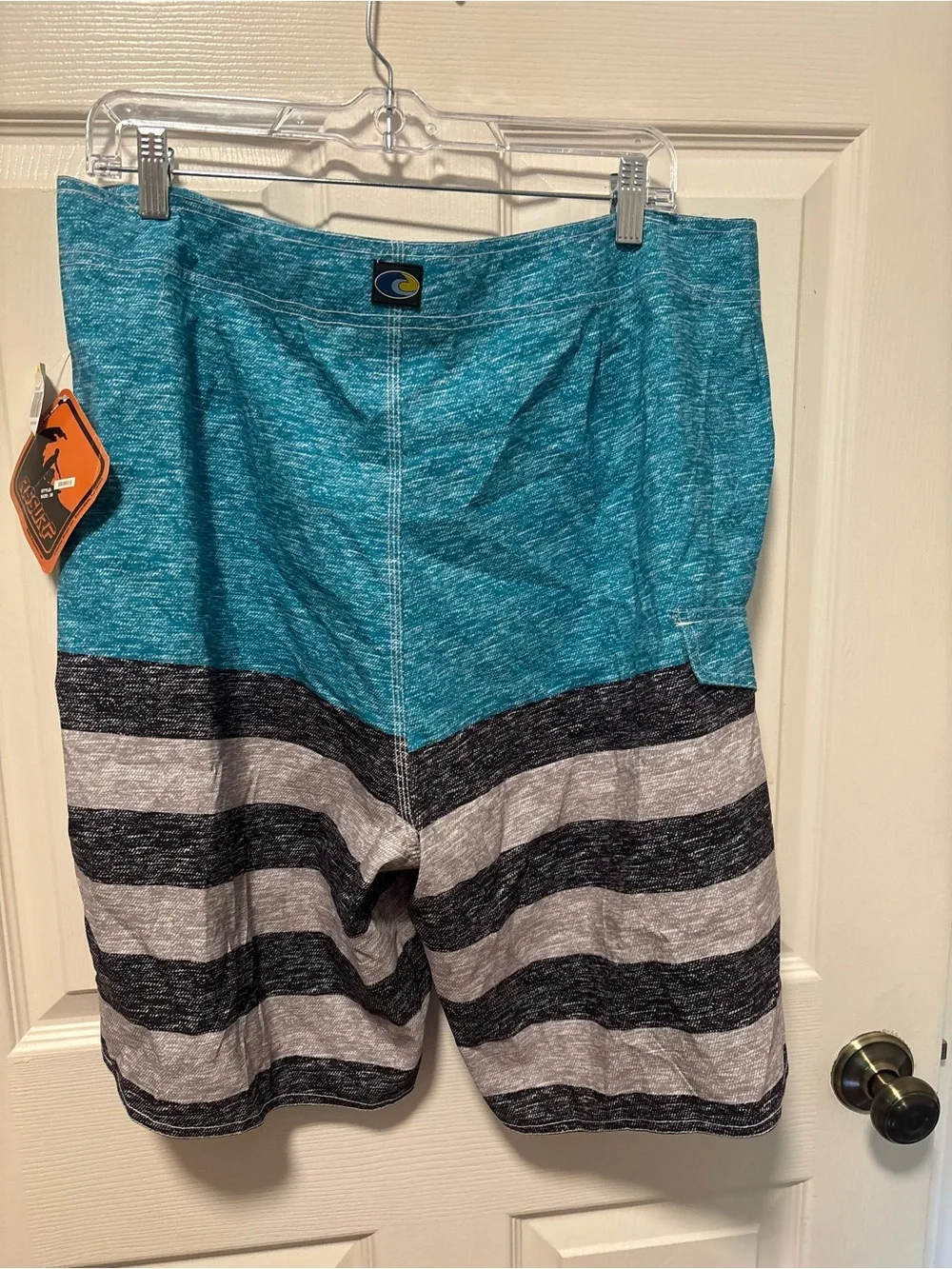 Men's Teal and Gray Striped Swim Trunks Size 38